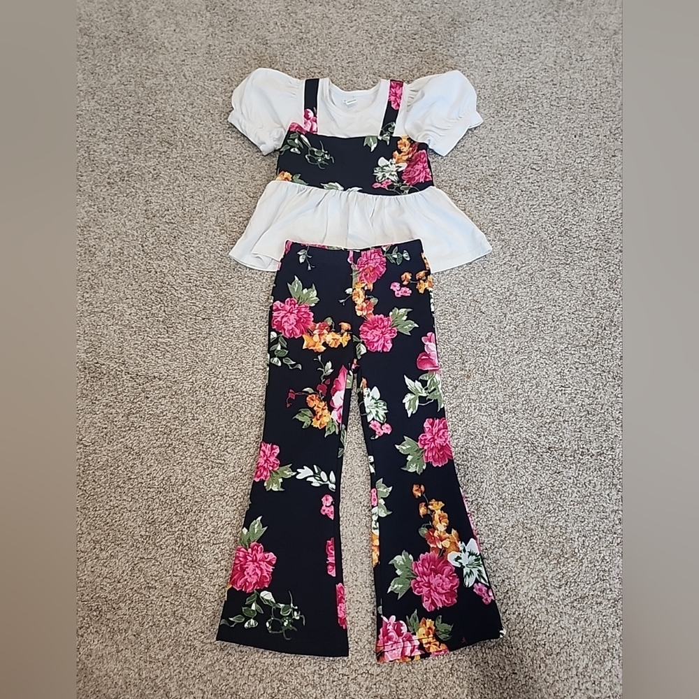 Shein Girls 4 Year White And Blue Short Sleeve And Pants Floral Outfit